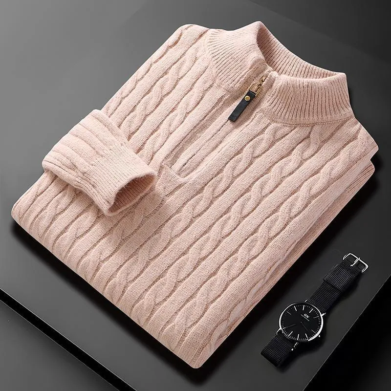 Men's half zip diamond lattice sweater pullover in milky white, slim fit, winter thickened knit