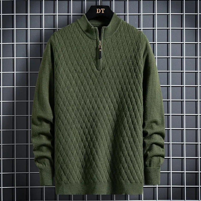 Men's half zip diamond lattice sweater pullover in milky white, slim fit, winter thickened knit