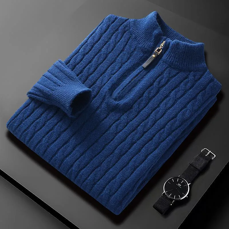 Men's half zip diamond lattice sweater pullover in milky white, slim fit, winter thickened knit