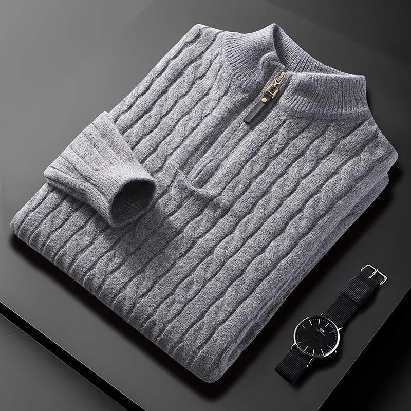 Men's half zip diamond lattice sweater pullover in milky white, slim fit, winter thickened knit