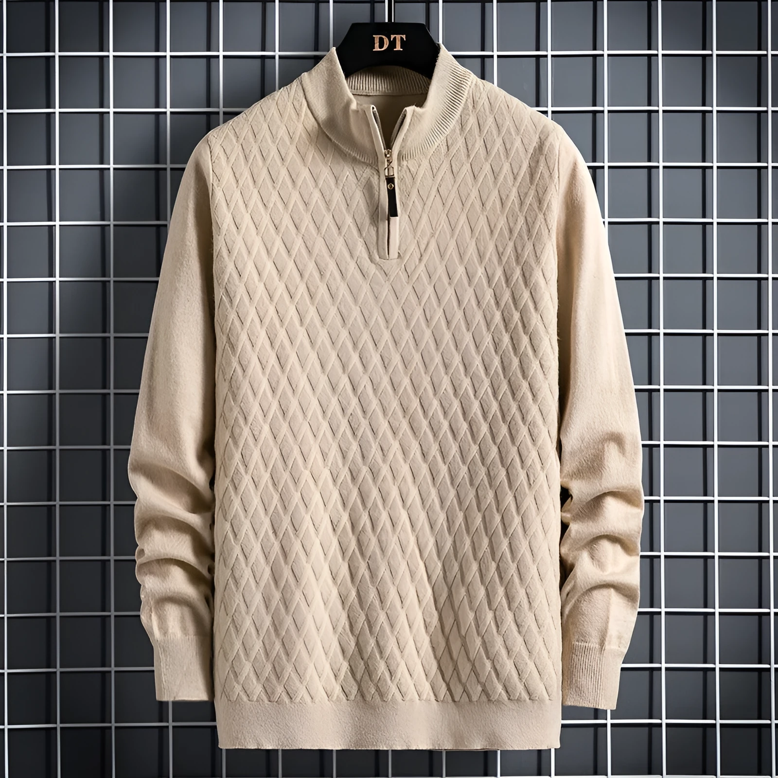 Men's half zip diamond lattice sweater pullover in milky white, slim fit, winter thickened knit