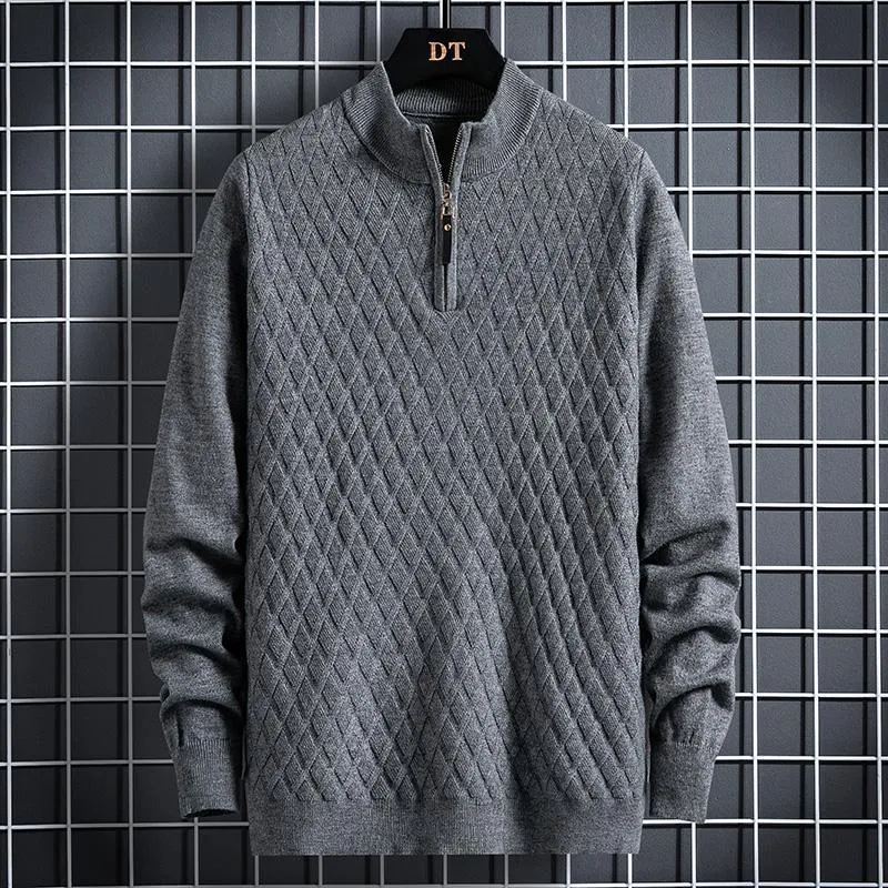 Men's half zip diamond lattice sweater pullover in milky white, slim fit, winter thickened knit