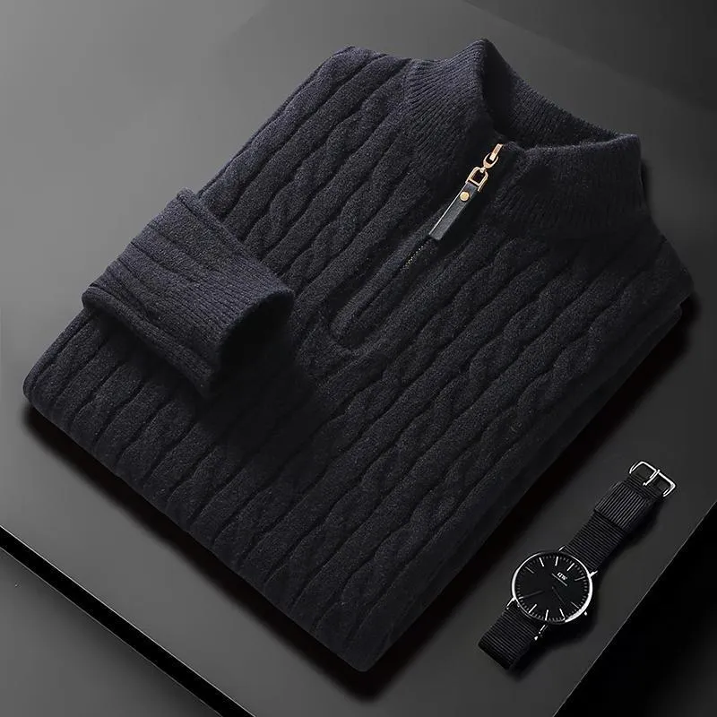 Men's half zip diamond lattice sweater pullover in milky white, slim fit, winter thickened knit