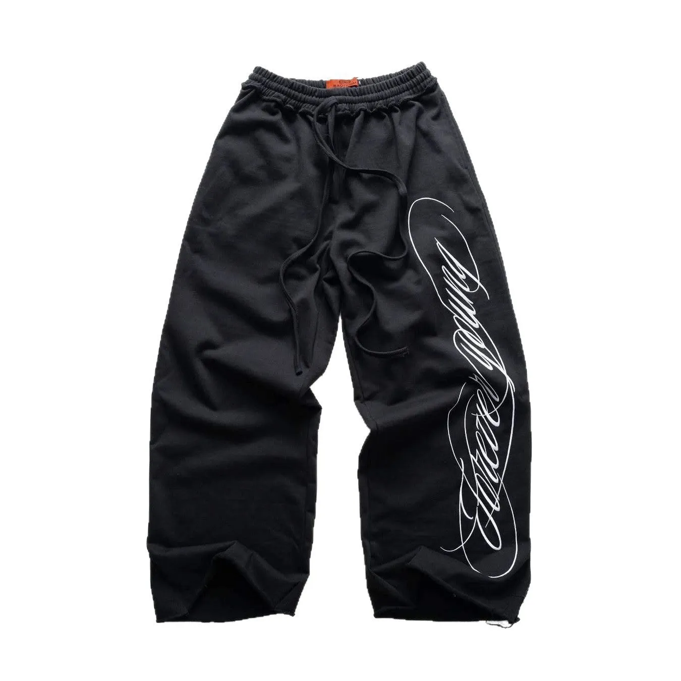 Design printing men's smart trousers in black, loose fit polyester with mid waist and micro elasticity
