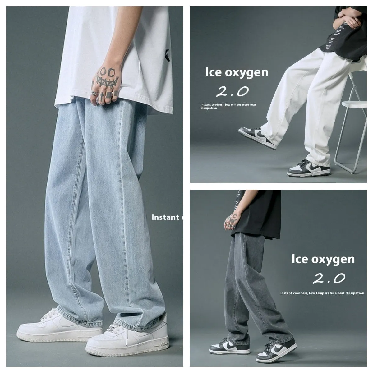 Loose straight cotton denim jeans for men in light blue colour with mid waist and button fly
