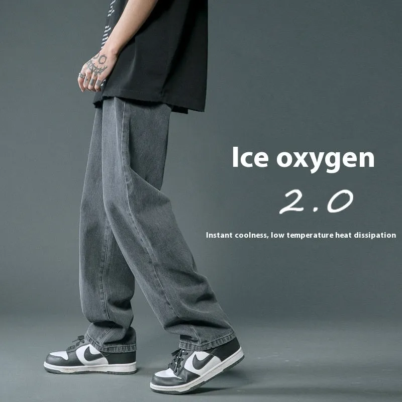 Loose straight cotton denim jeans for men in light blue colour with mid waist and button fly