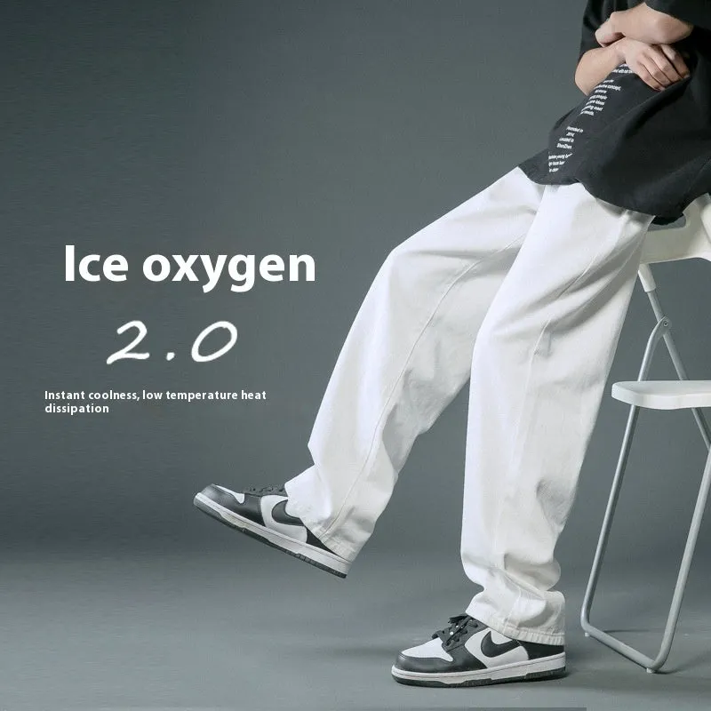 Loose straight cotton denim jeans for men in light blue colour with mid waist and button fly