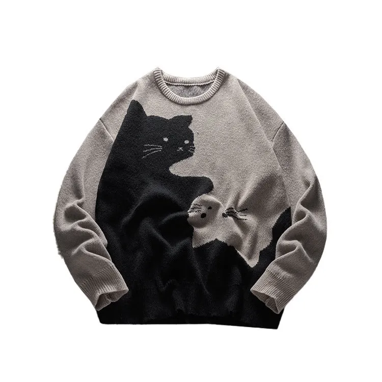 Men's cat pattern round neck knitted sweater in black, pullover style with jacquard design