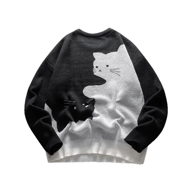 Men's cat pattern round neck knitted sweater in black, pullover style with jacquard design