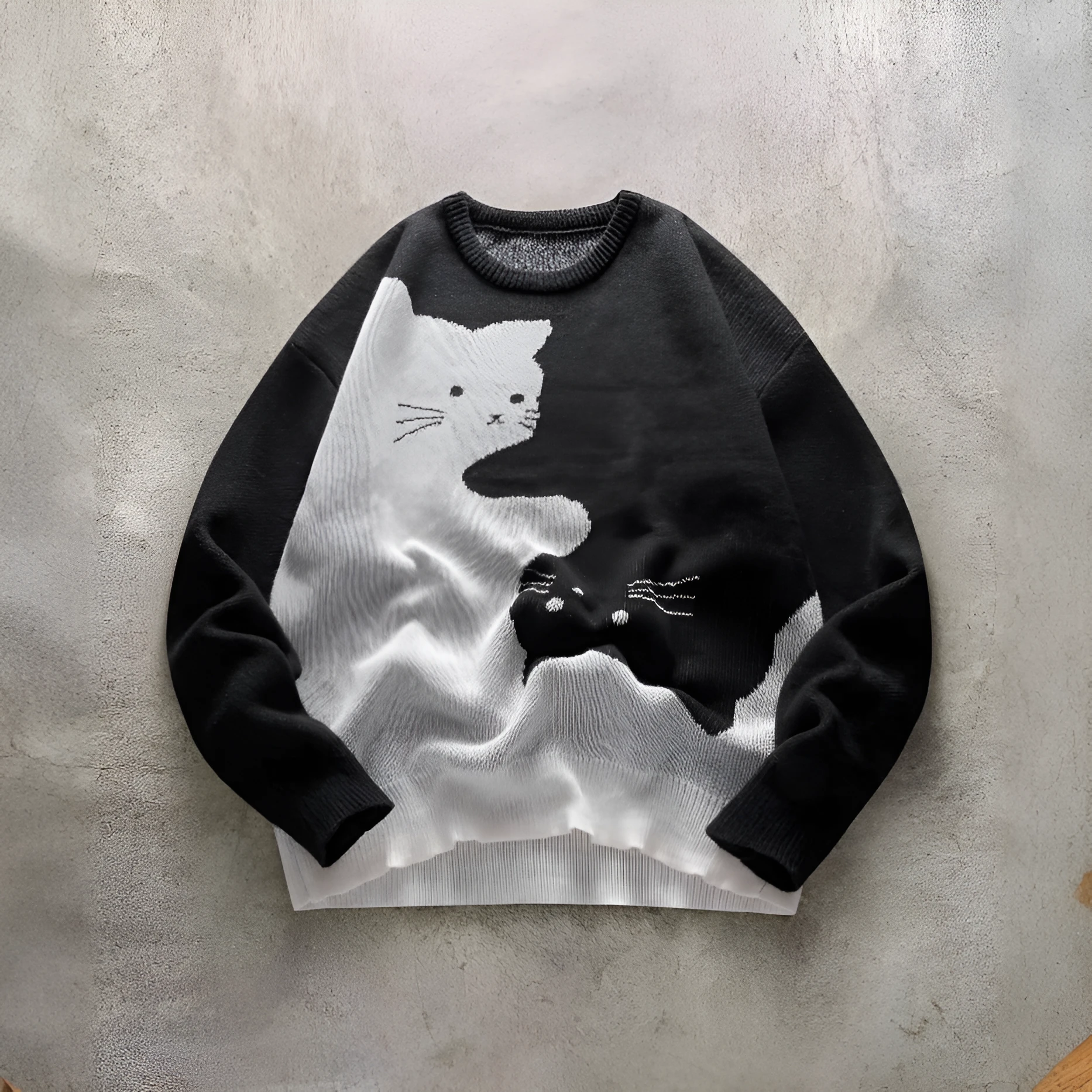 Men's cat pattern round neck knitted sweater in black, pullover style with jacquard design