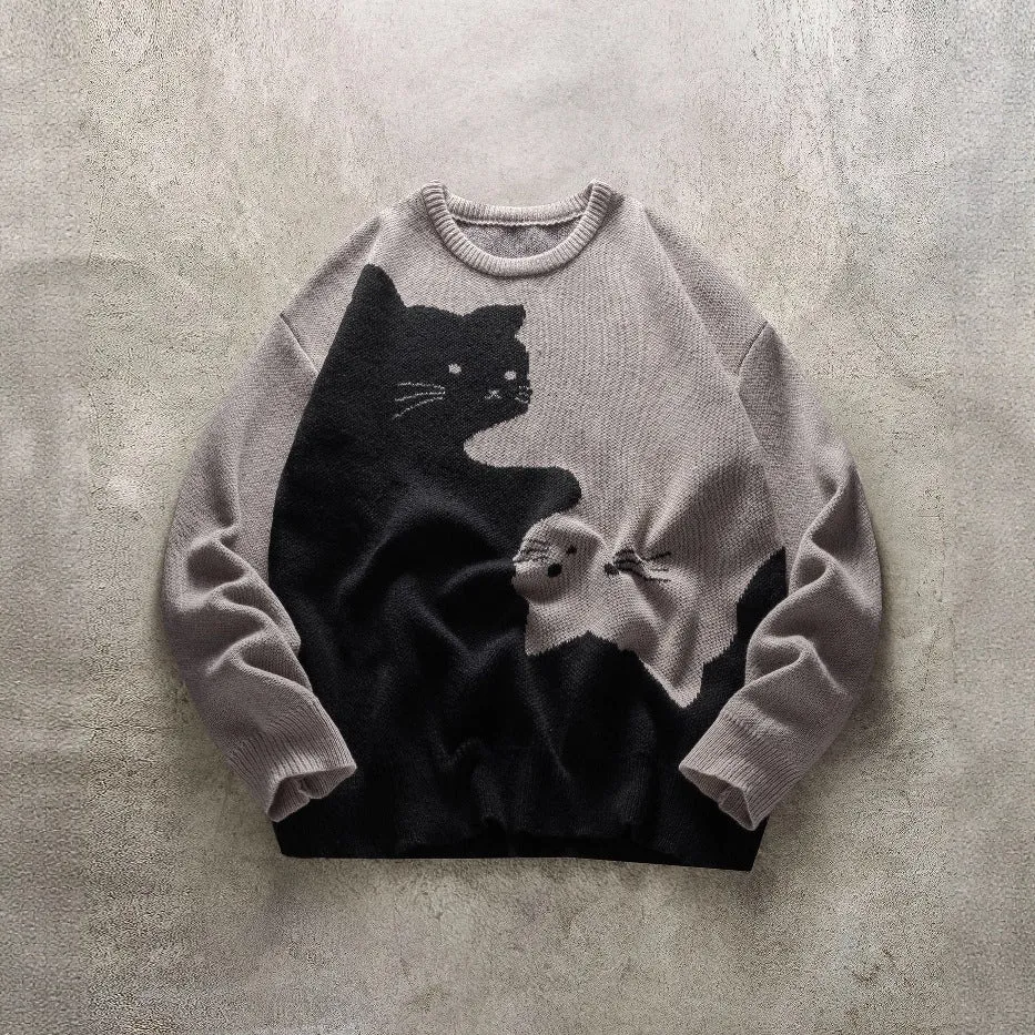Men's cat pattern round neck knitted sweater in black, pullover style with jacquard design
