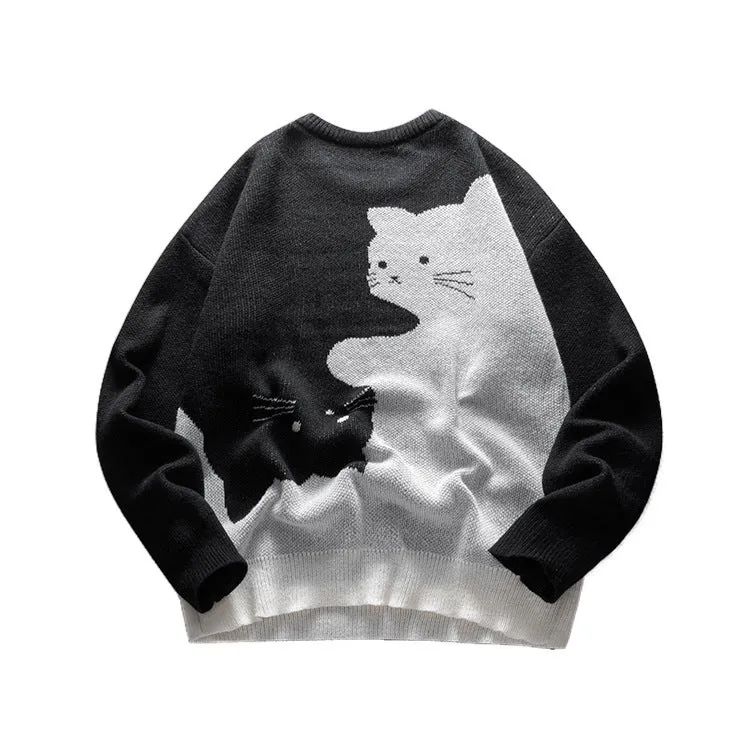 Men's cat pattern round neck knitted sweater in black, pullover style with jacquard design