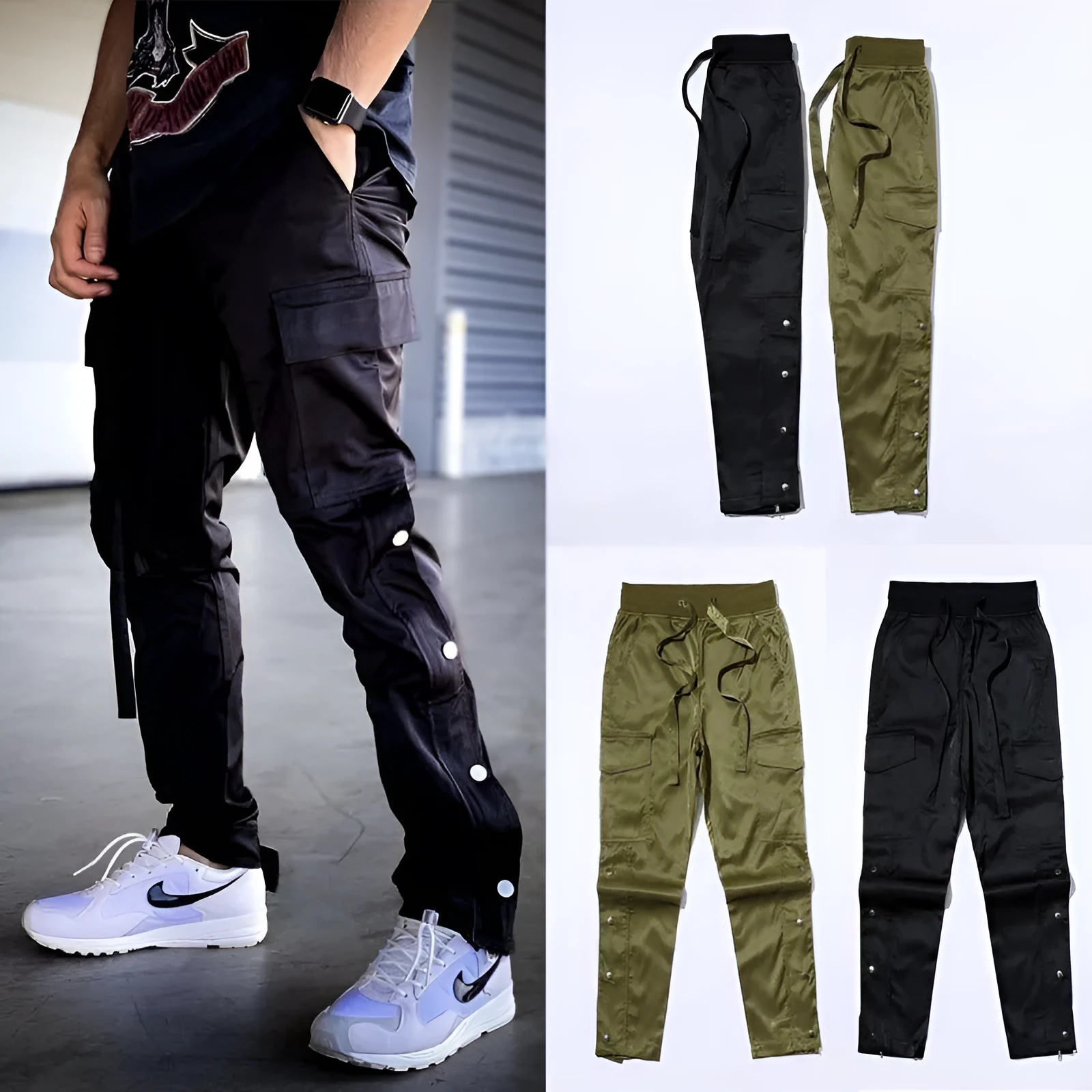 Men's green cotton cargo pants with Velcro and button fastening, straight leg, elastic waist