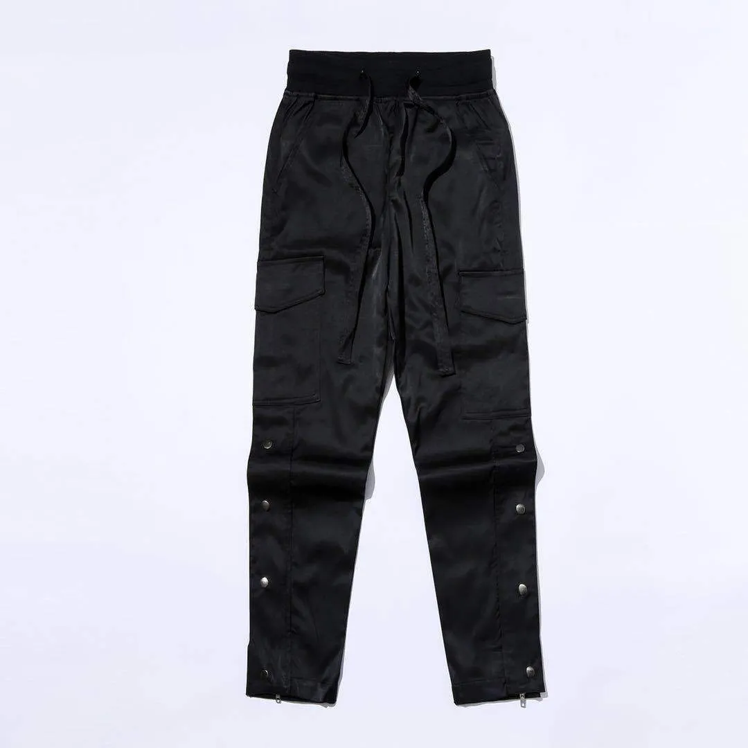 Men's green cotton cargo pants with Velcro and button fastening, straight leg, elastic waist