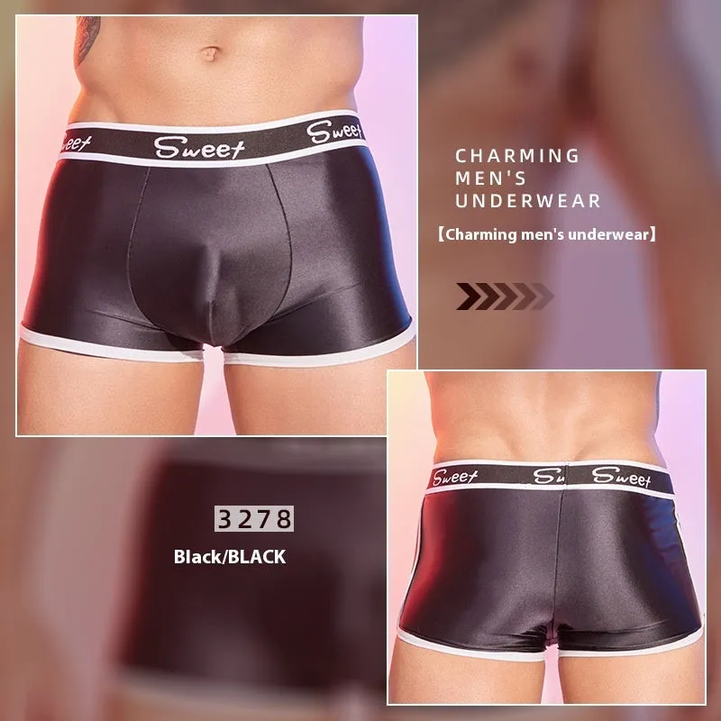 Men's shiny silky boxer shorts in black, white, and sapphire blue colours