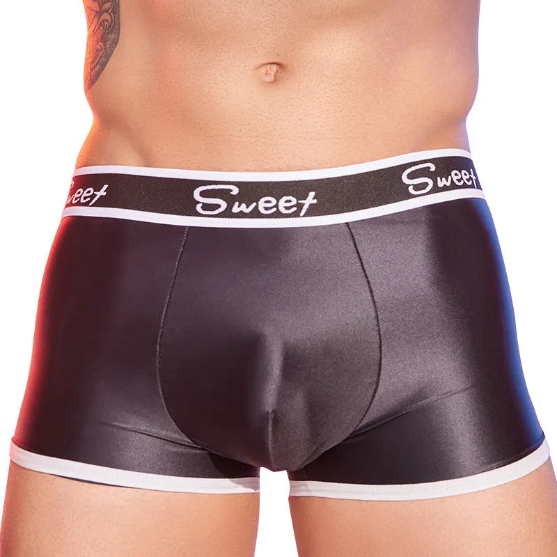 Men's shiny silky boxer shorts in black, white, and sapphire blue colours
