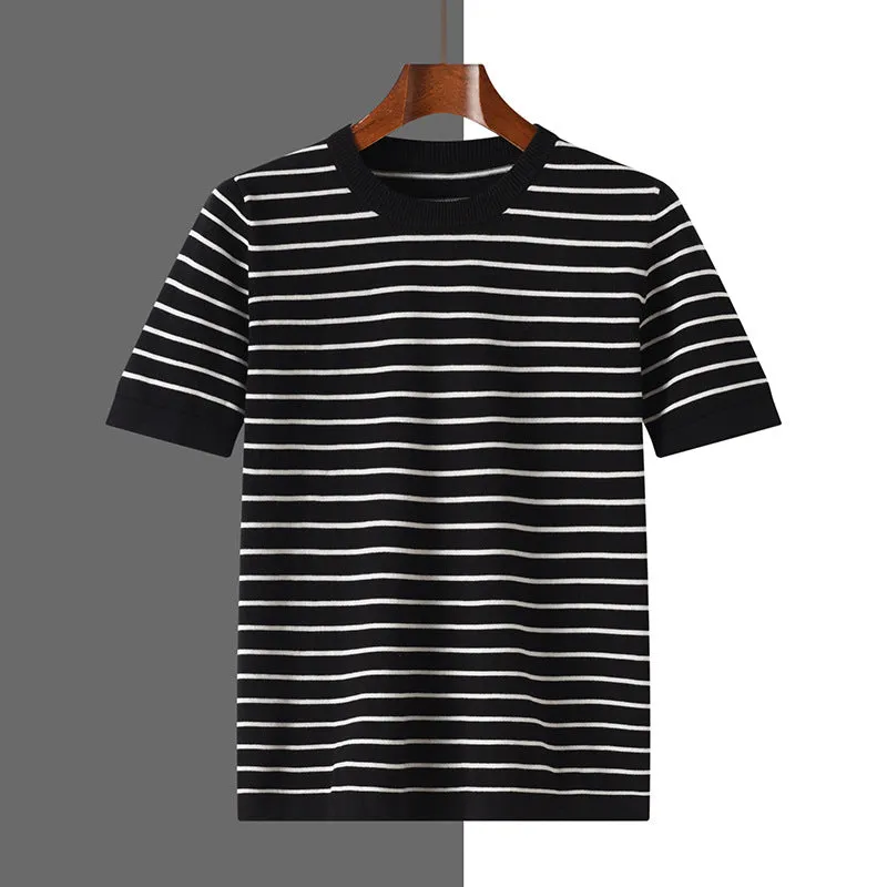 Men's pure cotton striped round neck short sleeve t-shirt in Gold Camel, Gray, and Black sizes S to XXXL
