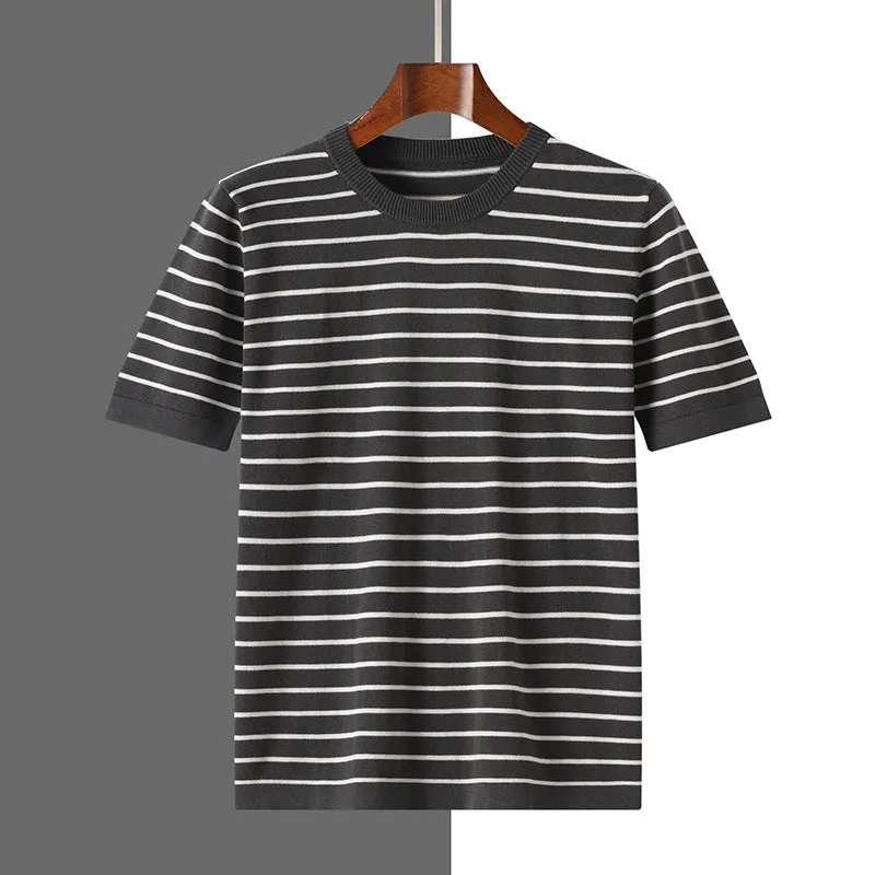Men's pure cotton striped round neck short sleeve t-shirt in Gold Camel, Gray, and Black sizes S to XXXL