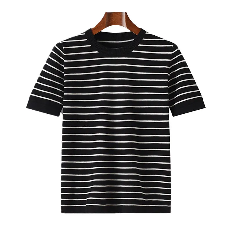 Men's pure cotton striped round neck short sleeve t-shirt in Gold Camel, Gray, and Black sizes S to XXXL
