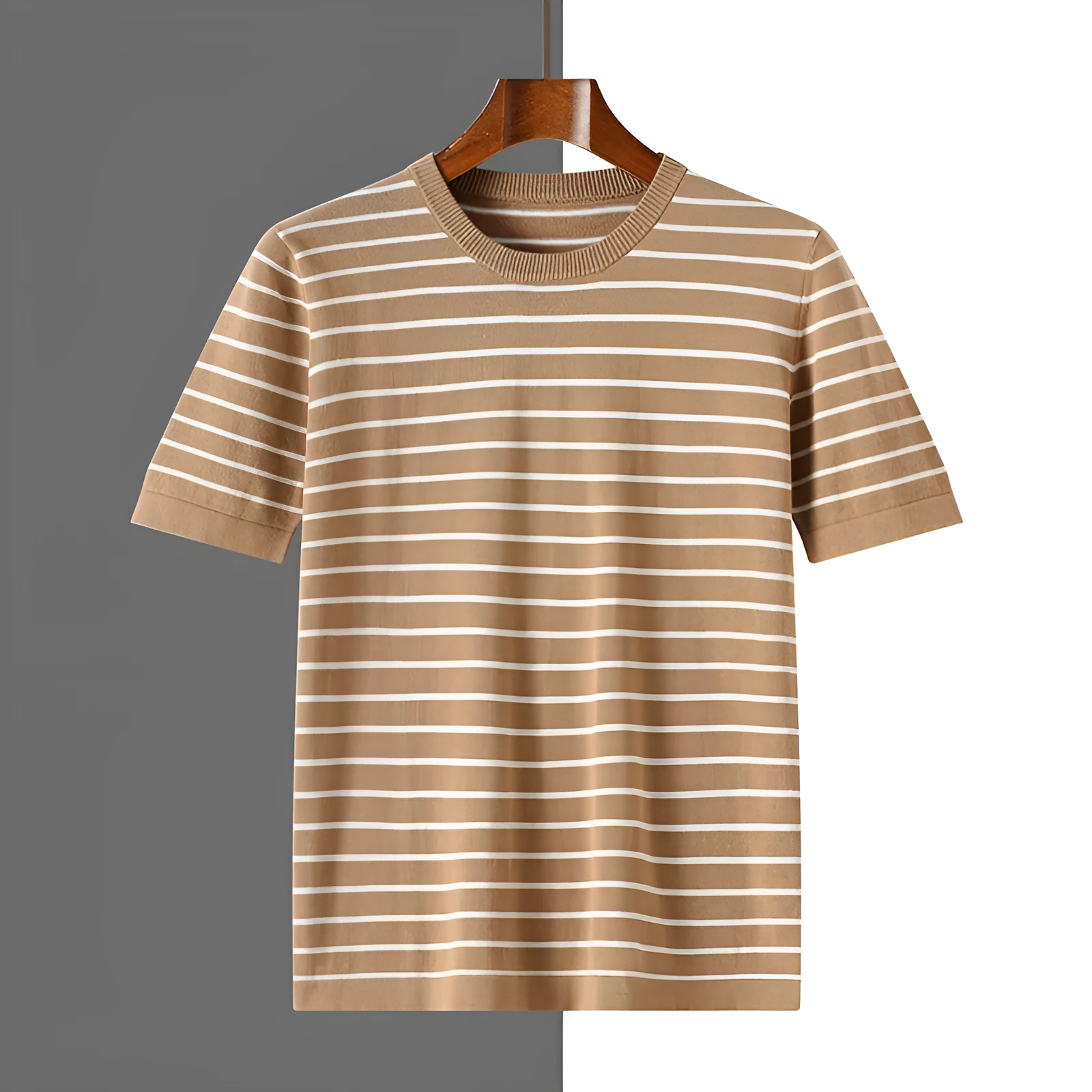 Men's pure cotton striped round neck short sleeve t-shirt in Gold Camel, Gray, and Black sizes S to XXXL