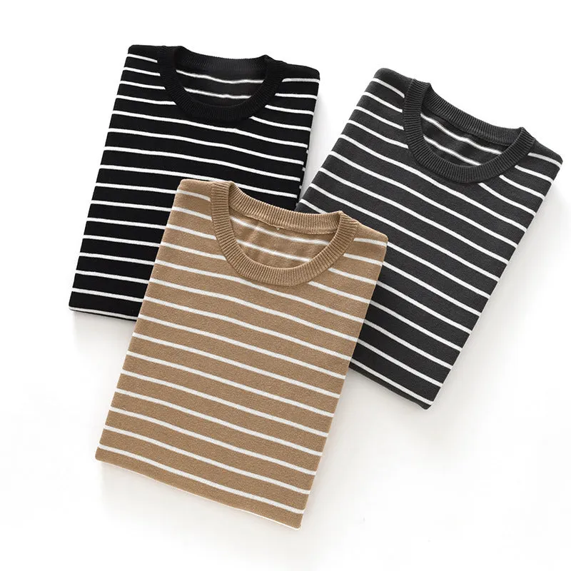 Men's pure cotton striped round neck short sleeve t-shirt in Gold Camel, Gray, and Black sizes S to XXXL
