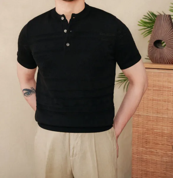 American retro knitted Henley shirt slim-fit short sleeve cotton Lyocell blend in off-white