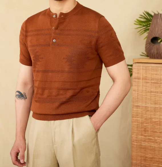 American retro knitted Henley shirt slim-fit short sleeve cotton Lyocell blend in off-white