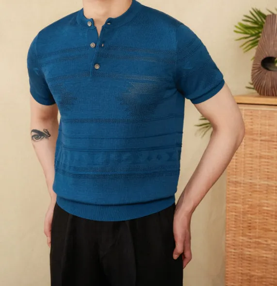 American retro knitted Henley shirt slim-fit short sleeve cotton Lyocell blend in off-white