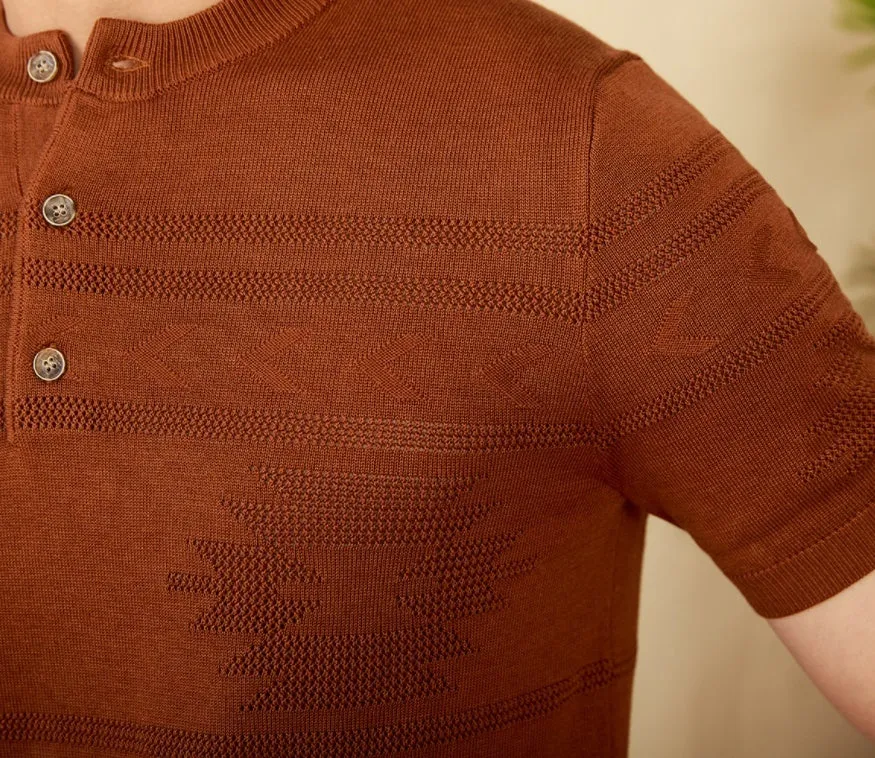 American retro knitted Henley shirt slim-fit short sleeve cotton Lyocell blend in off-white