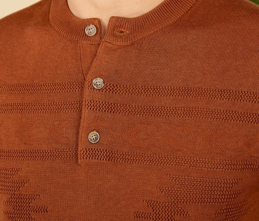 American retro knitted Henley shirt slim-fit short sleeve cotton Lyocell blend in off-white