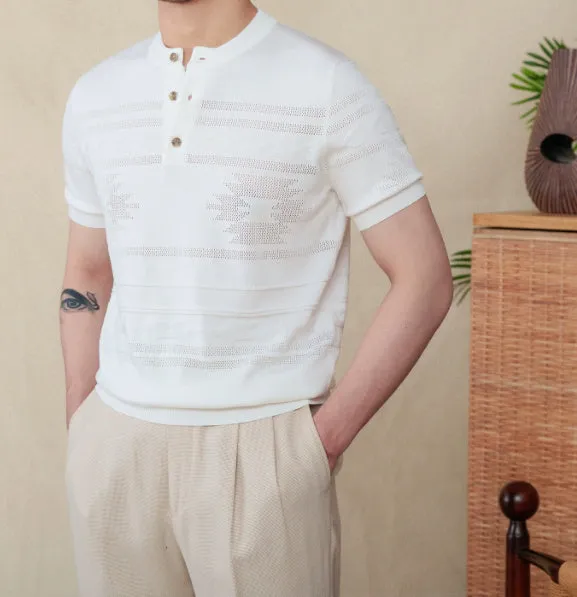 American retro knitted Henley shirt slim-fit short sleeve cotton Lyocell blend in off-white