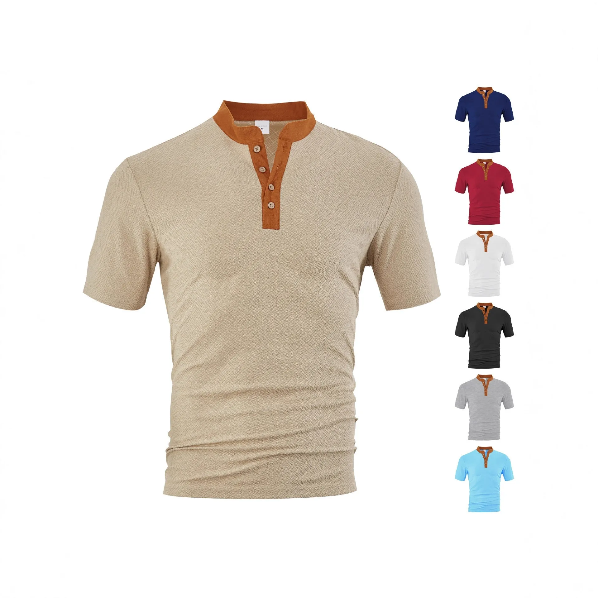 Casual loose polyester button-up short sleeve men's shirt in khaki