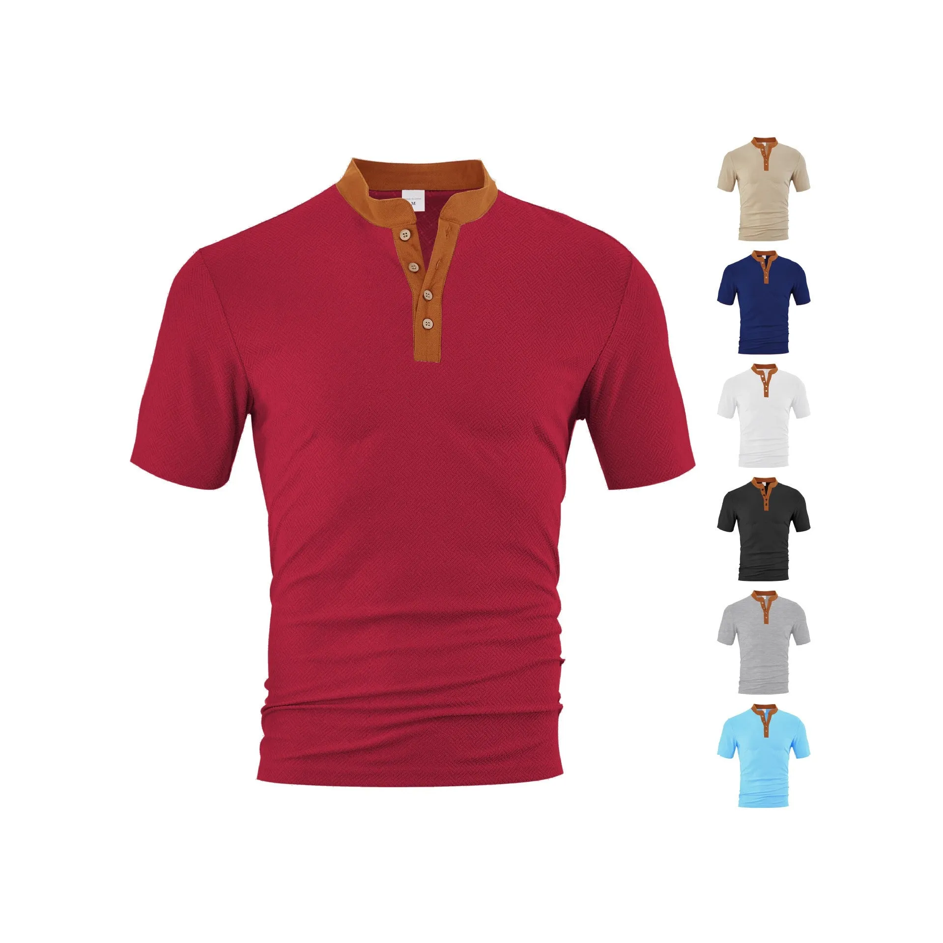 Casual loose polyester button-up short sleeve men's shirt in khaki
