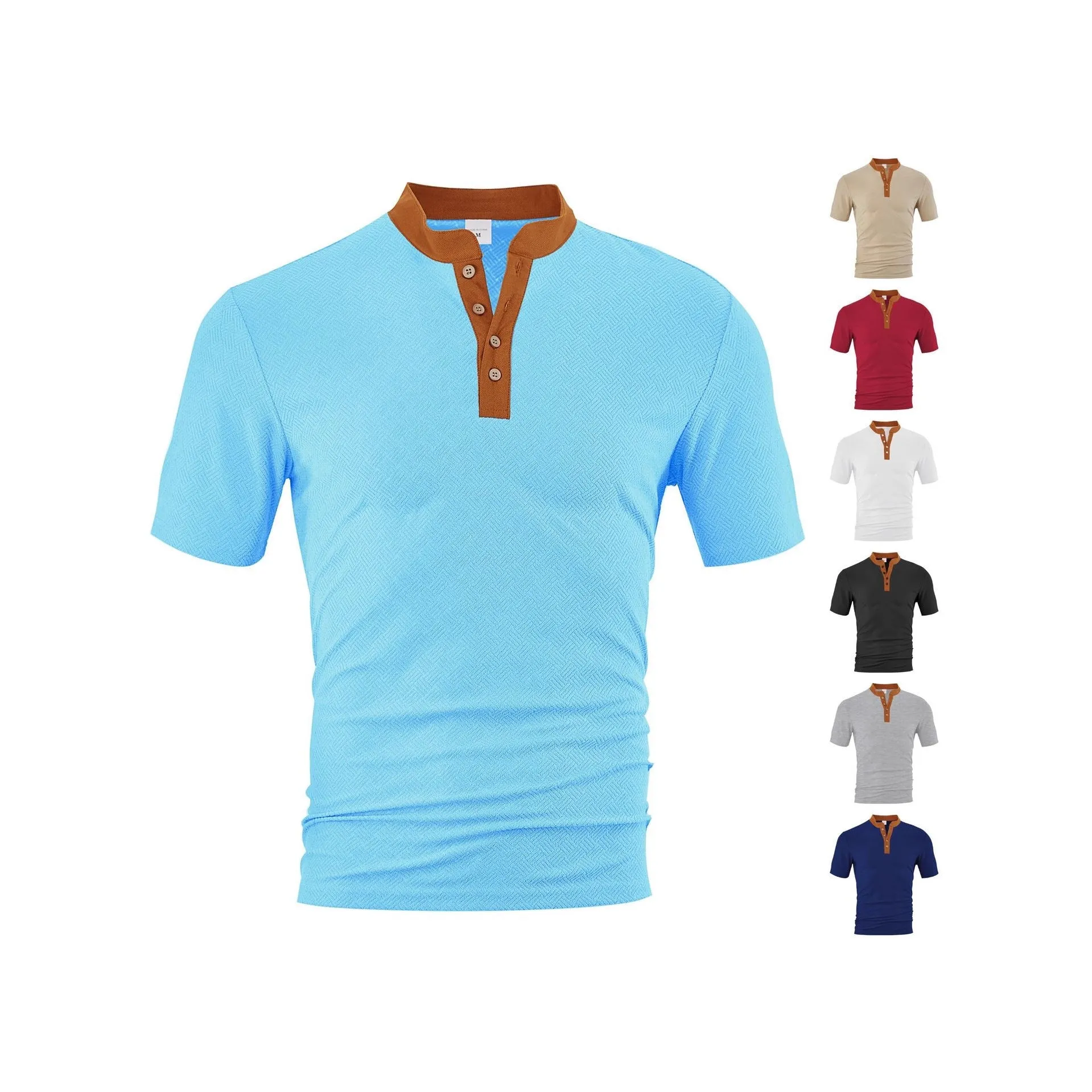 Casual loose polyester button-up short sleeve men's shirt in khaki