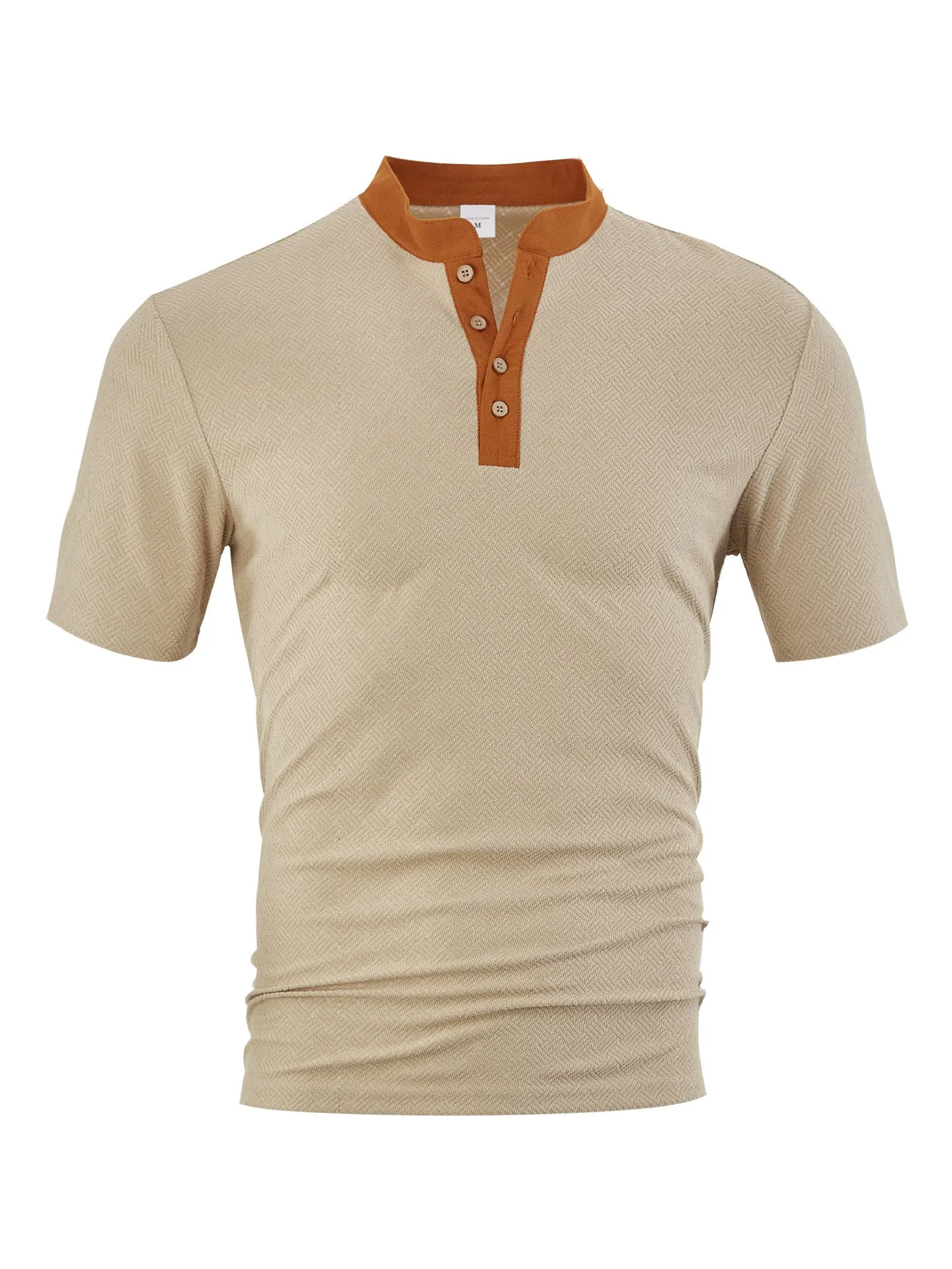Casual loose polyester button-up short sleeve men's shirt in khaki