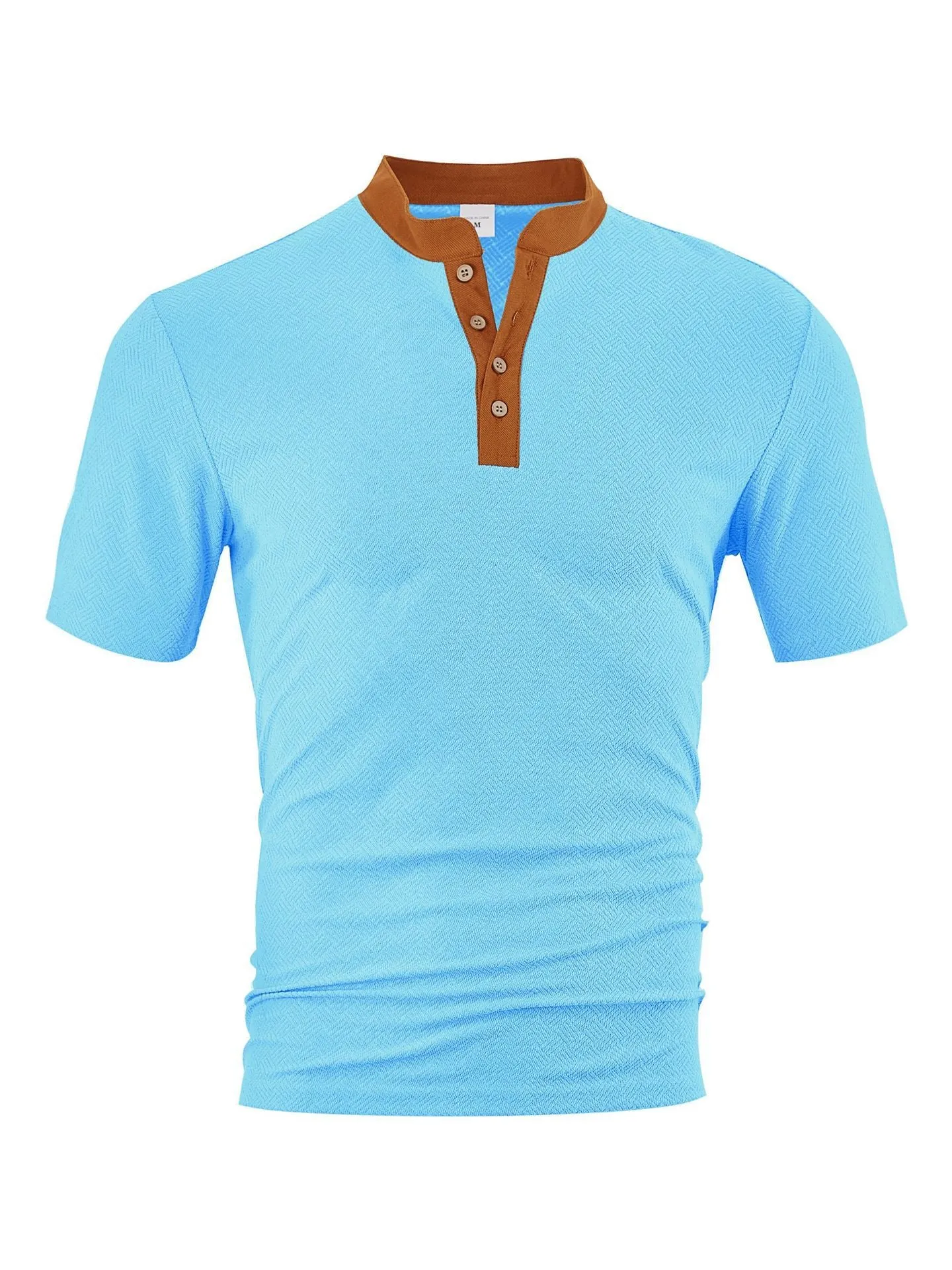 Casual loose polyester button-up short sleeve men's shirt in khaki