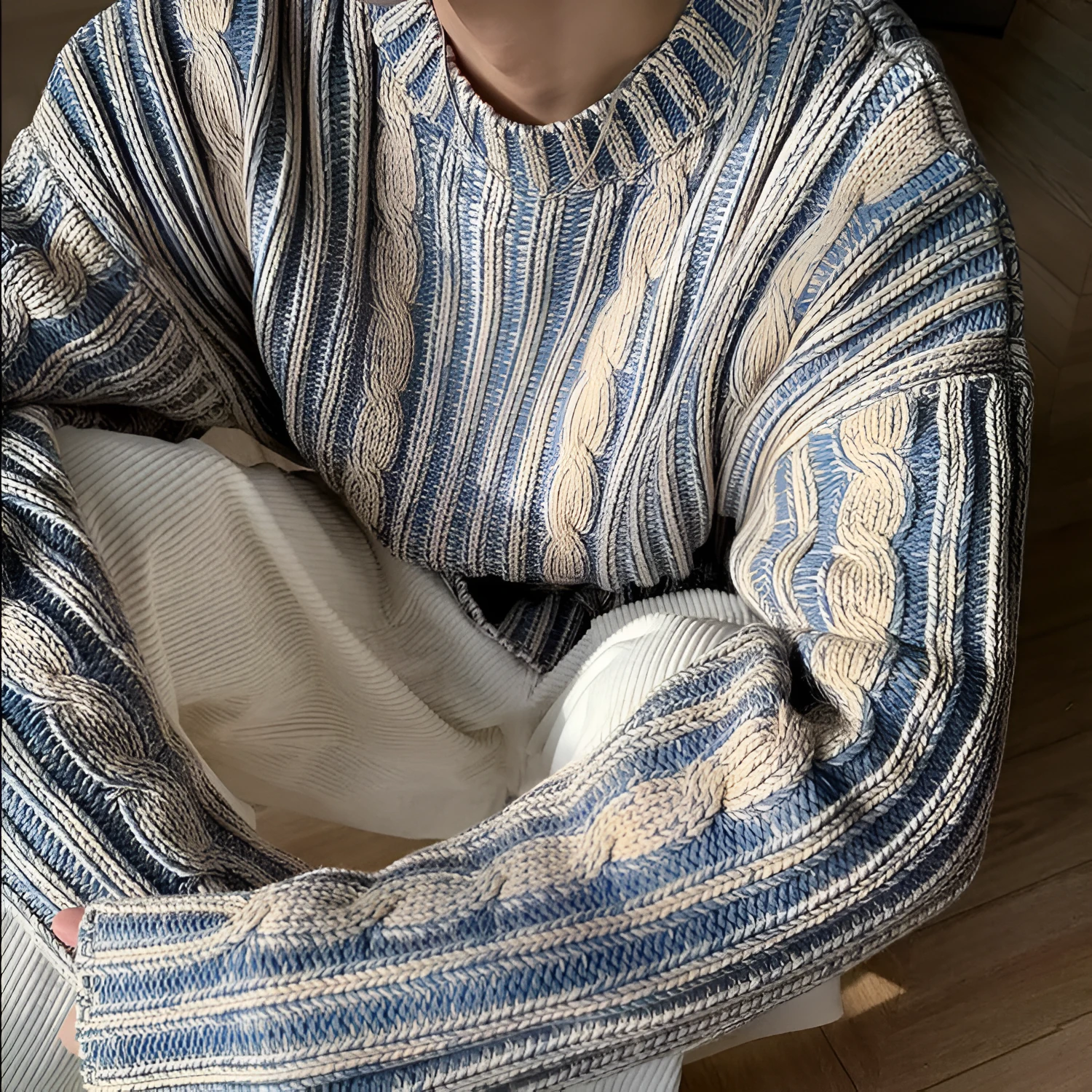 Men's retro multi-coloured stripe knitted sweater, round neck pullover, loose fit, cotton blend and rabbit fur