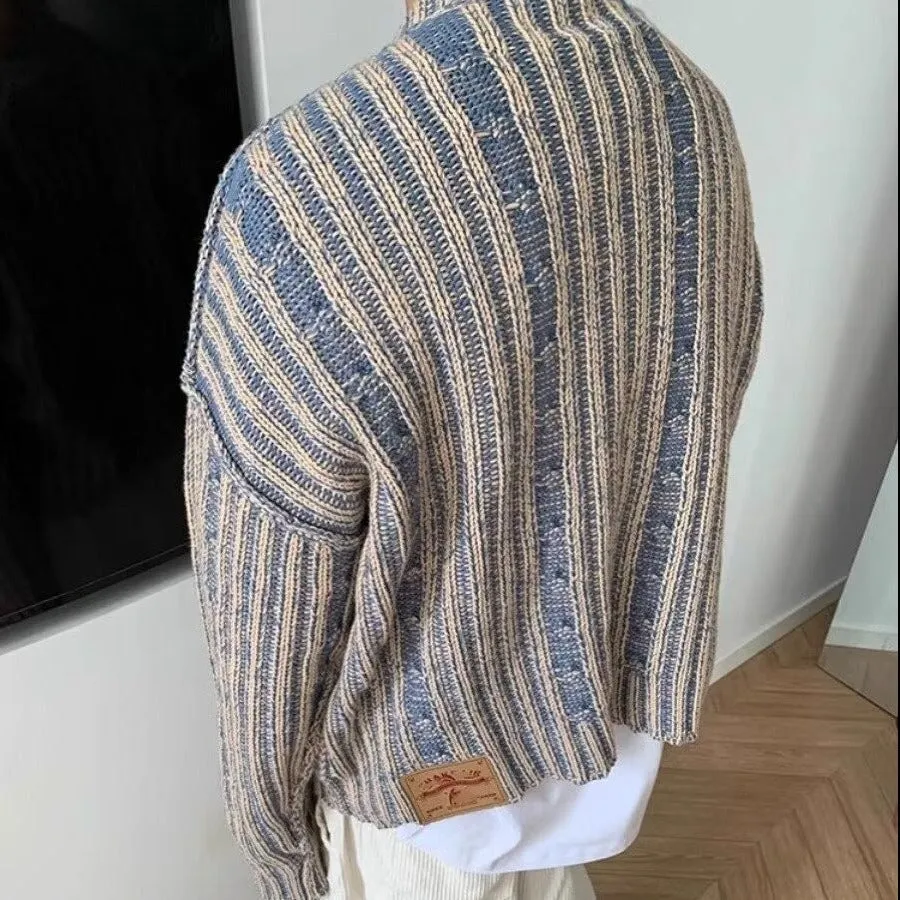 Men's retro multi-coloured stripe knitted sweater, round neck pullover, loose fit, cotton blend and rabbit fur