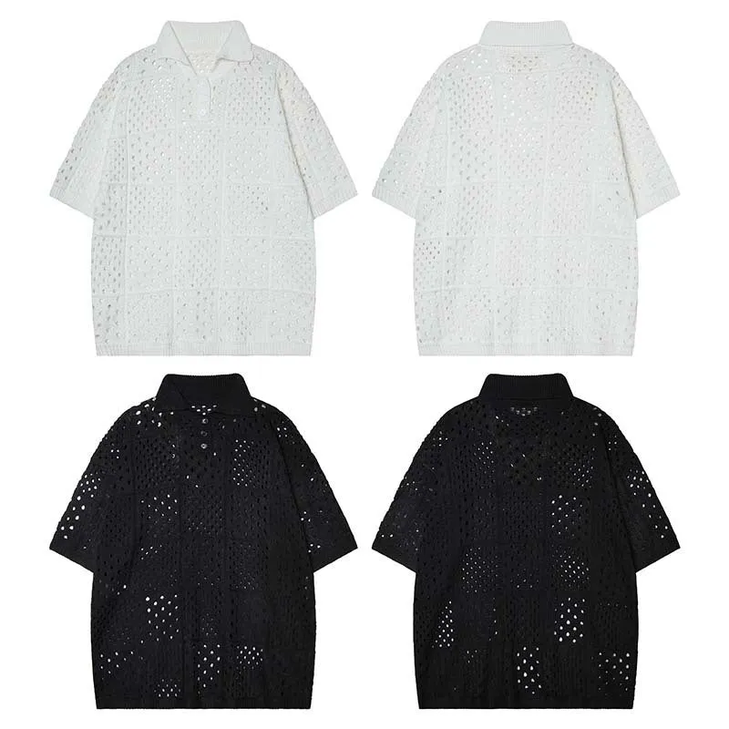 Black and white short-sleeved hollow knit polo shirt with a loose fit for teenagers