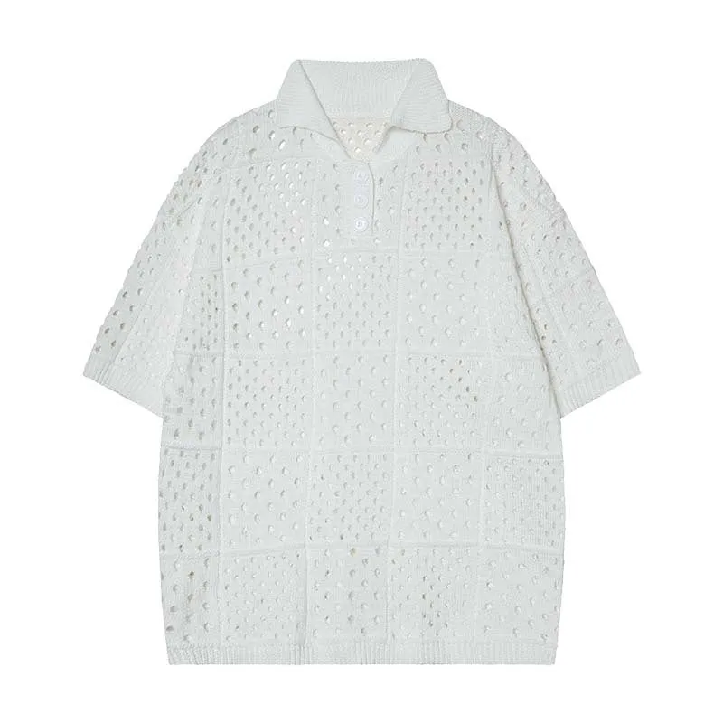 Black and white short-sleeved hollow knit polo shirt with a loose fit for teenagers