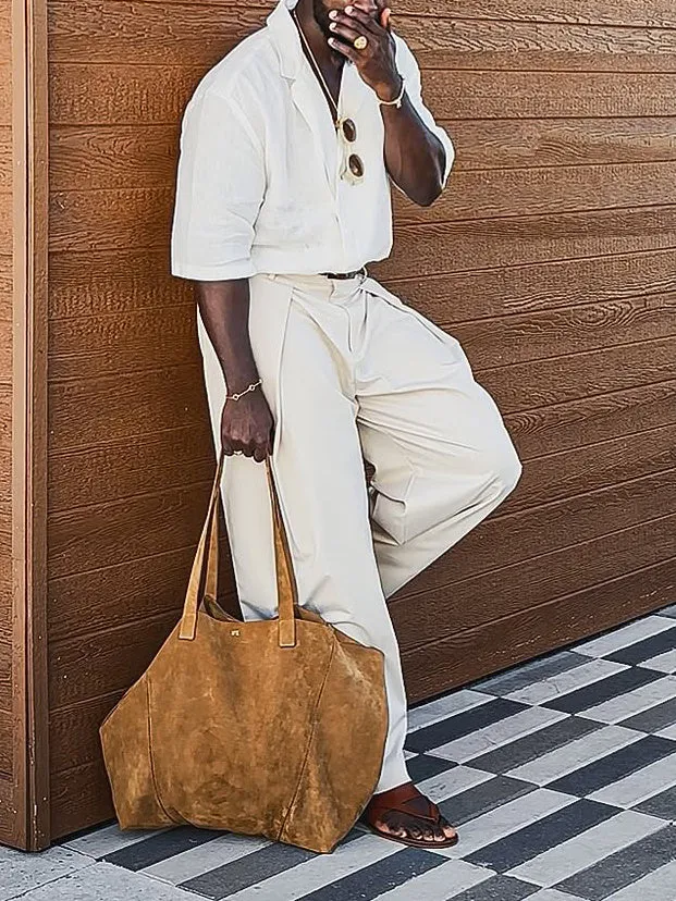 Men's casual short-sleeved white linen shirt with plain design and regular fit
