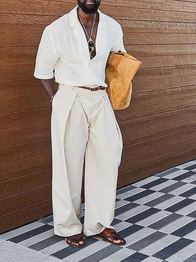 Men's casual short-sleeved white linen shirt with plain design and regular fit