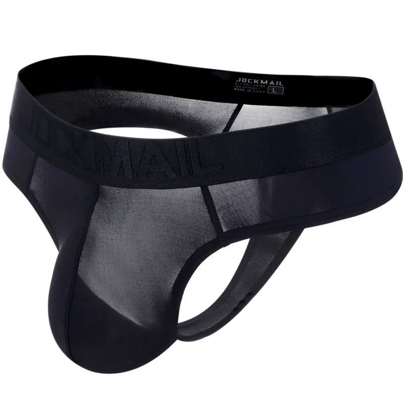 Belt Ice Silk ultra-thin translucent low-waist men's briefs in black with abstract pattern