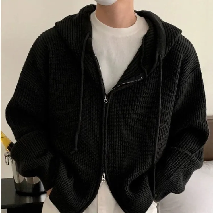 Idle Style mens hooded sweater coat in gray, loose fit cardigan with long sleeves