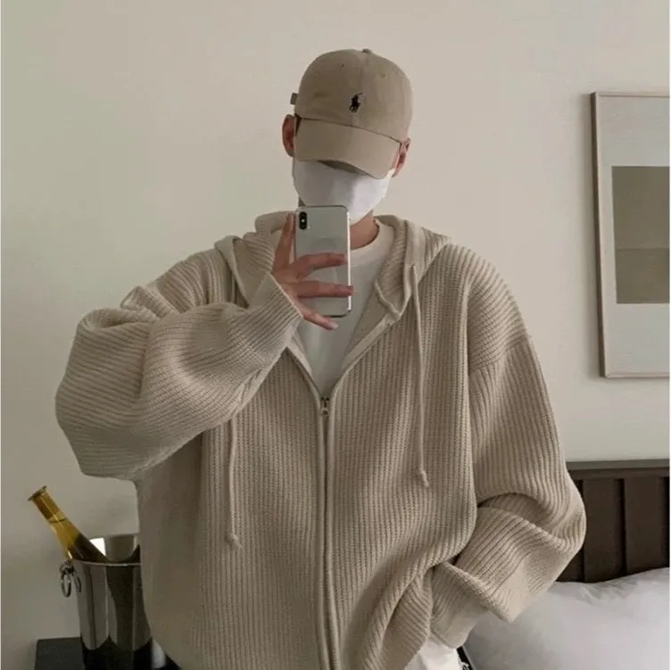 Idle Style mens hooded sweater coat in gray, loose fit cardigan with long sleeves