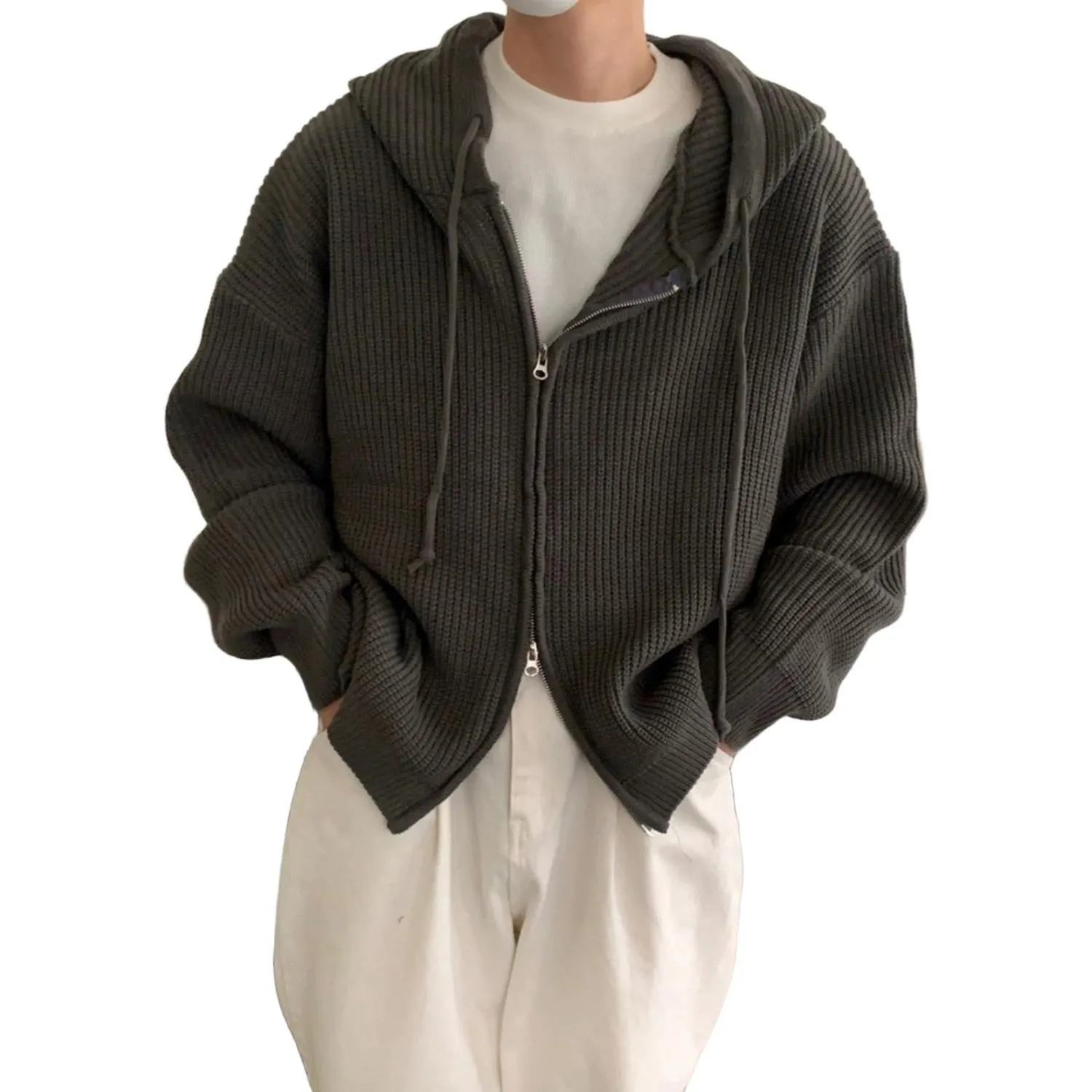 Idle Style mens hooded sweater coat in gray, loose fit cardigan with long sleeves