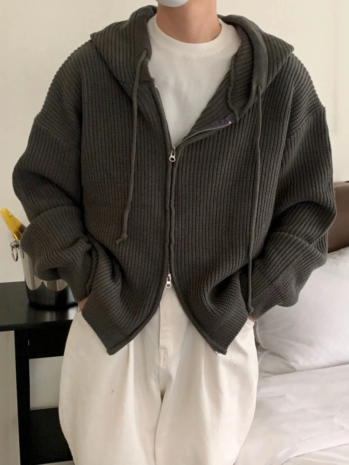 Idle Style mens hooded sweater coat in gray, loose fit cardigan with long sleeves