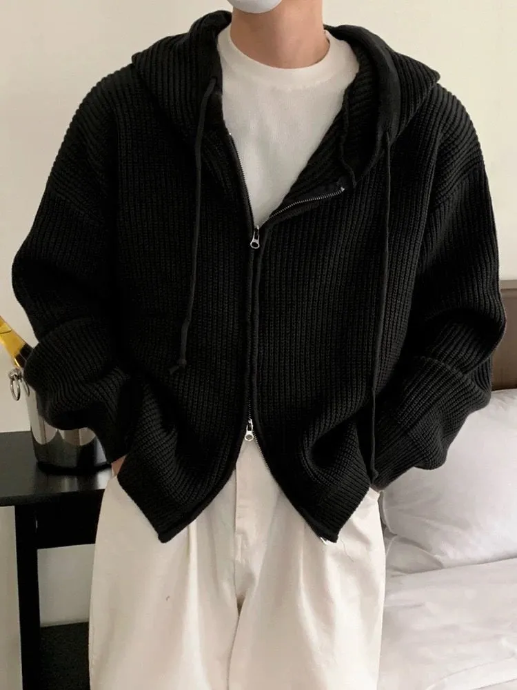Idle Style mens hooded sweater coat in gray, loose fit cardigan with long sleeves