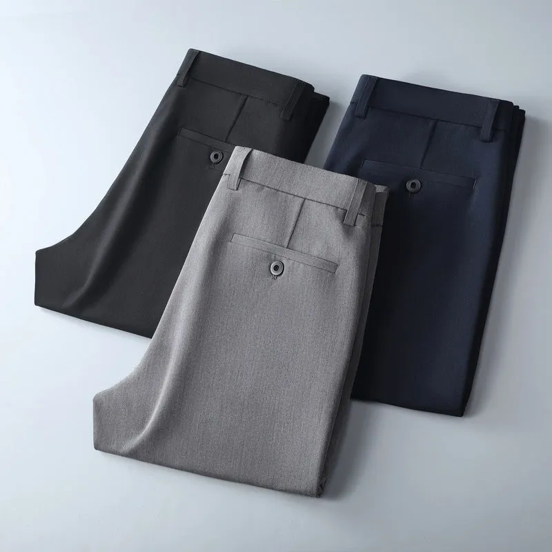 Men's spinning summer business casual trousers in solid colour black, polyester fabric, micro elastic waist, sizes 29-40