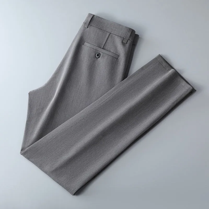 Men's spinning summer business casual trousers in solid colour black, polyester fabric, micro elastic waist, sizes 29-40